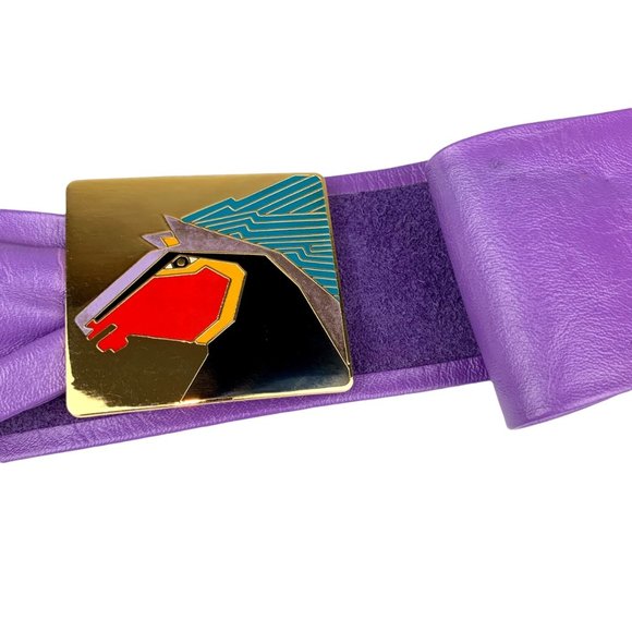 Vtg Laurel Burch Stallion Leather Purple Belt Horse Enamel Colorful Adjustable main image 5
